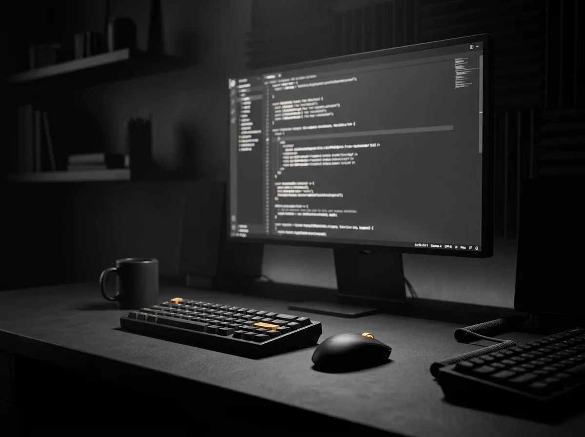 A stylized code environment representing the founder's craft
